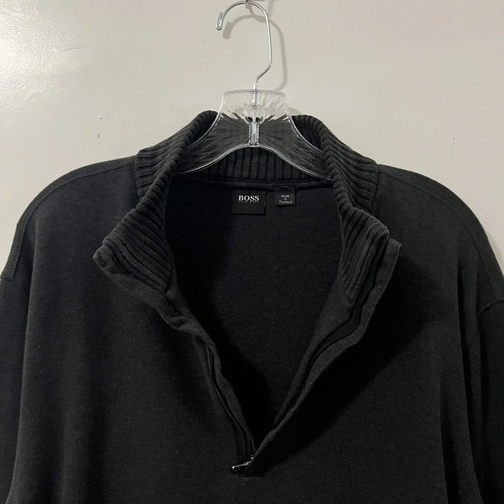 Hugo Boss Mens Black Cotton Quarter Zip Pullover‎ Sweater Nylon Side Panels XXL